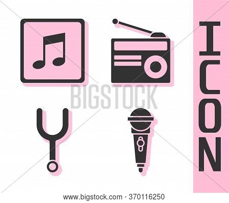 Set Microphone, Music Note, Tone, Musical Tuning Fork And Radio With Antenna Icon. Vector
