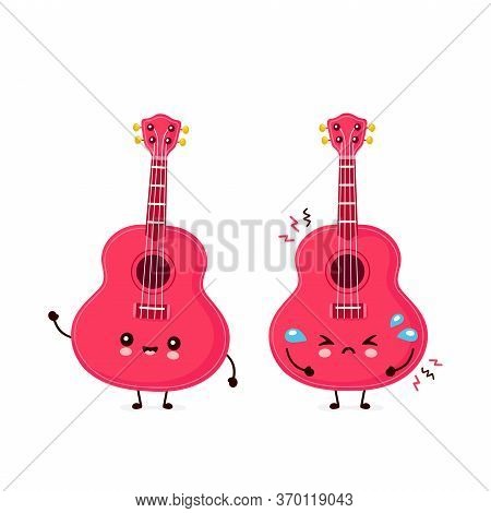 Cute Happy Smiling And Sad Ukulele Guitar. Vector Flat Cartoon Character Illustration Icon Design.is