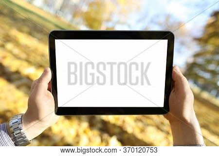 Man Stands In Autumn Park And Looks At Tablet. Relaxing With Tablet In Park. Capture Unhurried Life 