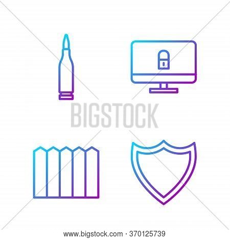 Set Line Shield, Garden Fence Wooden, Bullet And Lock On Computer Monitor. Gradient Color Icons. Vec