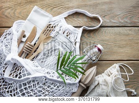 Cotton Bags, Net Bag With Reusable  Glass Jars, Bamboo And Wooden Cutlery. Zero Waste Concept. Eco F