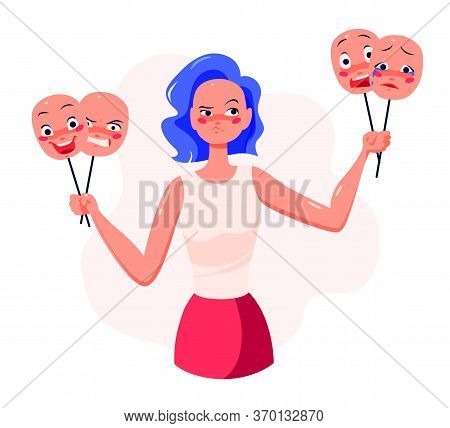 Young Woman Cartoon Character Holding Masks With Different Facial Expressions To Control Her Emotion