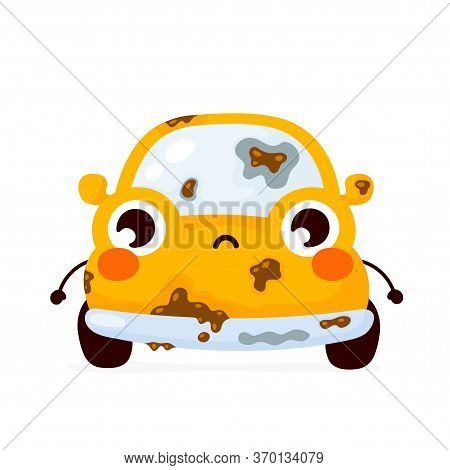 Cute Sad Dirty Yellow Automobile Car. Vector Flat Cartoon Character Illustration Icon Design.isolate