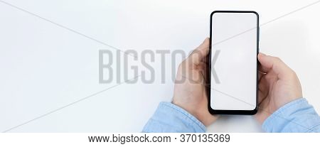 Male Hands Holding Smartphone With Blank Screen On White Background