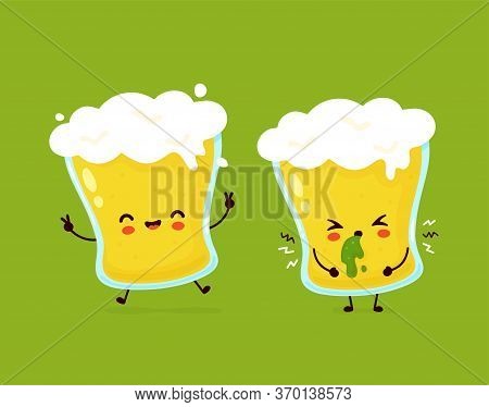 Cute Happy Smiling And Sad Vomit Glass Of Beer. Vector Flat Cartoon Character Illustration Icon Desi