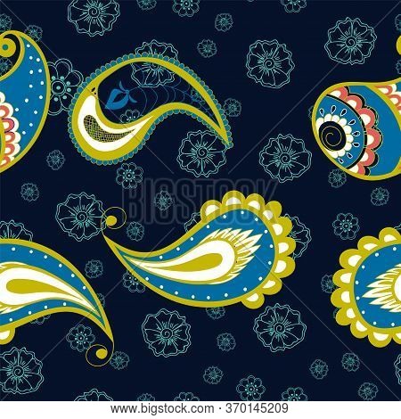 Green And Blue Ornament Modern Vector Seamless Pattern. Turkish Leaf Background. Lace Indian Wallpap