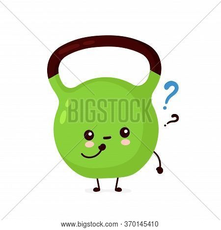 Cute Smiling Happy Fitness Kettlebell With Question. Vector Flat Cartoon Character Illustration Icon