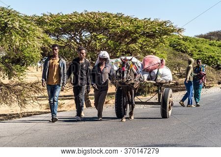 Gondar, Ethiopia - Feb 07, 2020: Ethiopian People On The Road From Gondar To The Simien Mountains, N