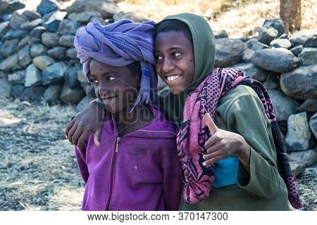 Gondar, Ethiopia - Feb 07, 2020: Ethiopian People On The Road From Gondar To The Simien Mountains, N