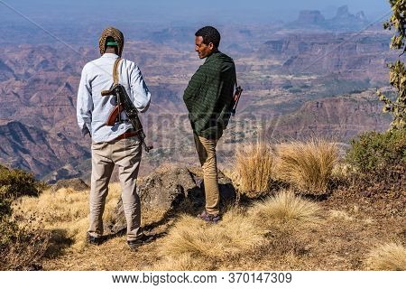 Simien Mountains, Ethiopia - Feb 07, 2020: Ethiopian People At Simien Mountains National Park In Eth