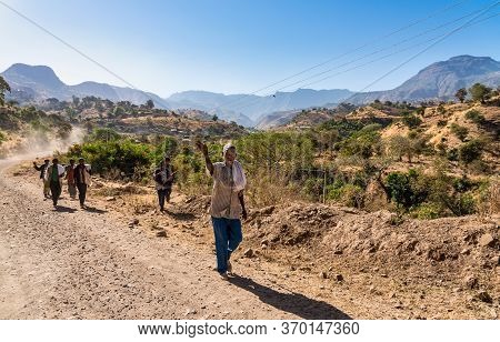 Aksum, Ethiopia - Feb 08, 2020: Ethiopian People On The Road From Axum To The Simien Mountains, Nort