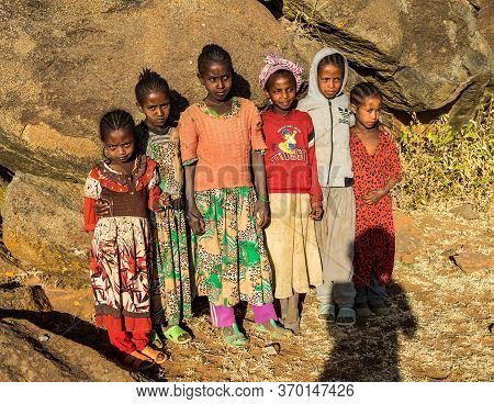 Aksum, Ethiopia - Feb 08, 2020: Ethiopian Girls On The Road From Axum To The Simien Mountains, North