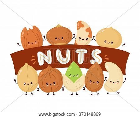 Cute Happy Nuts Banner. Vector Flat Cartoon Character Illustration Icon Design. Isolated On White Ba