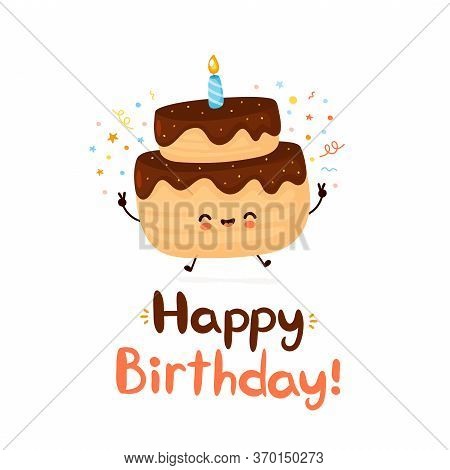 Cute Happy Cake With One Candle. Happy Birthday Hand Drawn Style Card.vector Flat Cartoon Character 