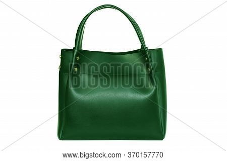 Luxury Green Leather Female Fashion Handbag Isolated On White Background. Green Business Bag For Wom