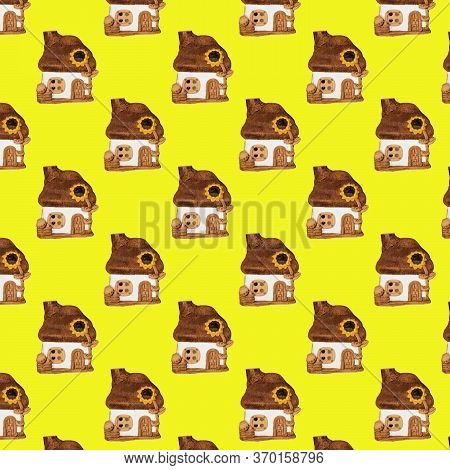 Pattern With A House. Toy House On A Yellow Background.