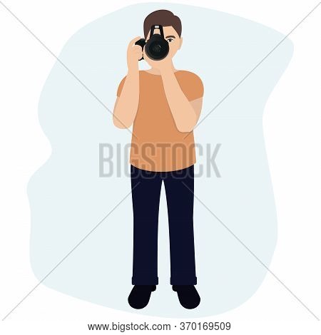 Vector Male Photographer Taking A Picture With A Camera. Flat Vector Illustration For Bloggers, Phot