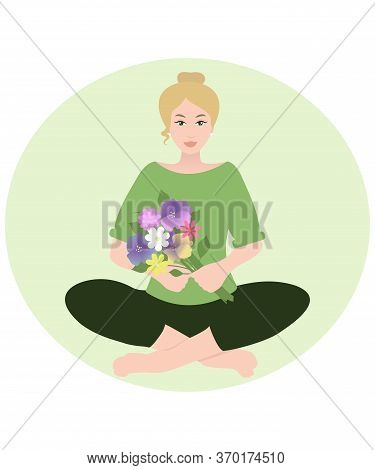 Beautiful Young Blonde Girl Sitting With Flowers. Vector Illustration For Design. Vector Avatar.