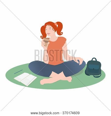 Vector Red-haired Girl Is Drinking Coffee Sitting On The Floor, Next To Her Backpack And A Notebook.