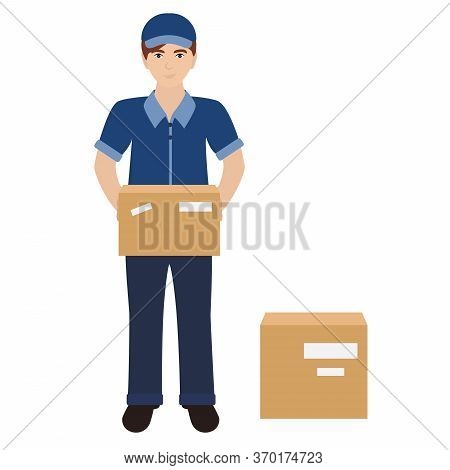 Delivery Man With A Box In His Hands. Courier Carrying Carton Box. A Vector Illustration Of A Delive