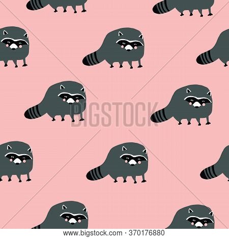 Cute Seamless Pink Racoon Repeat Vector Pattern. Stylish Kids Animal Pattern.