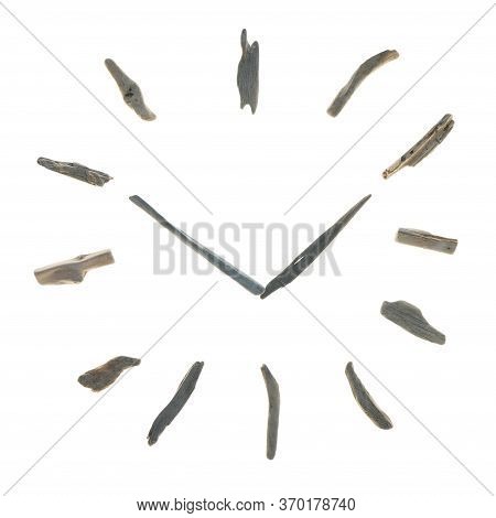 Driftwood Clock. Summer Time. Dial Made Of Driftwood Sea Snags Isolated On White Background.the Inte