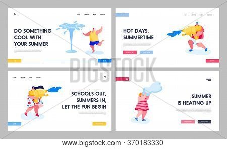 People Splashing And Playing With Water In Hot Summer Time Season Weather. Landing Page Template Set