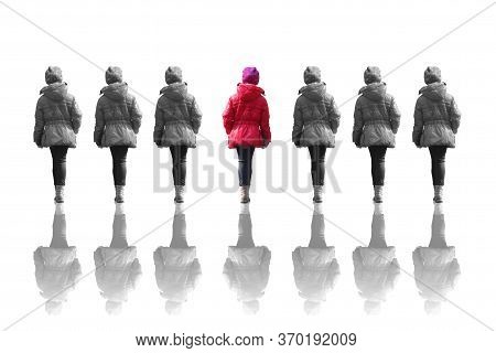 Abstract Photo Of Girl In Red Jacket From Back Between Black And White Images Of Same Girl Isolated 