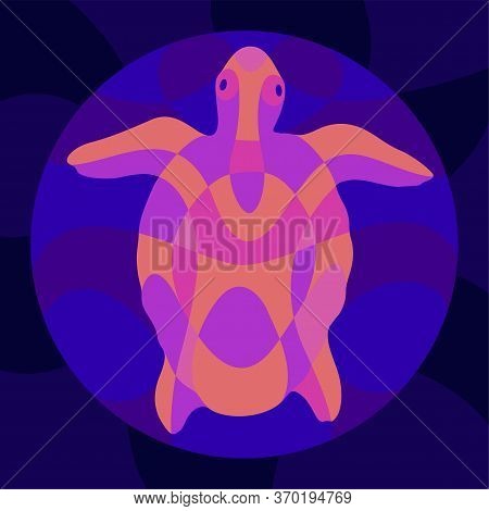 Beautiful Colorful Illustration With Shiny Neon Colored Turtle Silhouette On The Dark Background