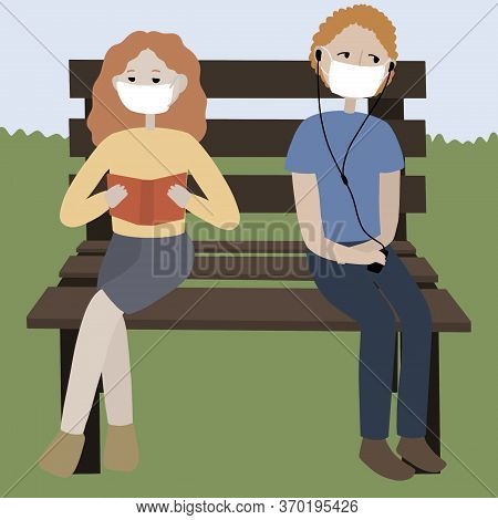 Red Haired Man And A Girl Sitting On A Bench Outdoors. Physical Distance, Social Distancing Concept.