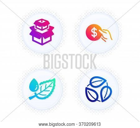 Packing Boxes, Leaf Dew And Payment Icons Simple Set. Button With Halftone Dots. Leaves Sign. Delive