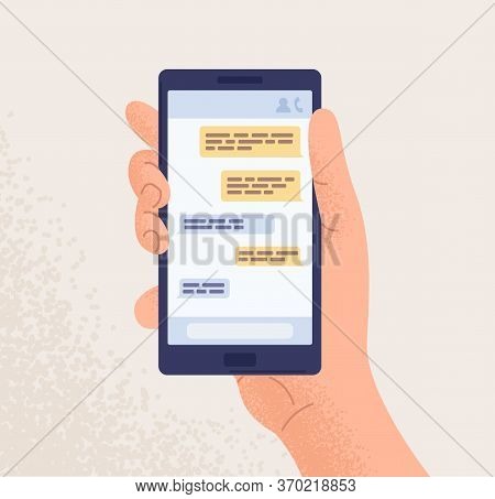 Male Hand Holding Smartphone With Message Chart On Screen Vector Flat Illustration. Human Arm With M