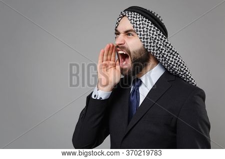 Angry Bearded Arabian Muslim Businessman In Keffiyeh Kafiya Ring Igal Agal Classic Black Suit Shirt 