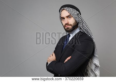 Confident Bearded Arabian Muslim Businessman In Keffiyeh Kafiya Ring Igal Agal Classic Black Suit Sh