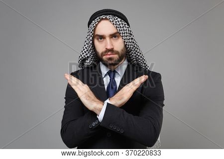 Arabian Muslim Businessman In Keffiyeh Kafiya Ring Igal Agal Classic Black Suit Shirt Isolated On Gr