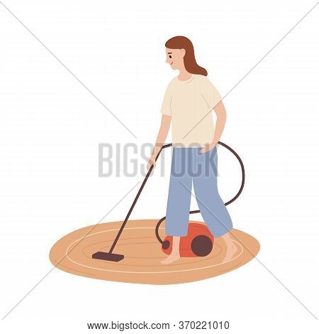 Smiling Housewife Cleaning Carpet With Vacuum Cleaner Vector Flat Illustration. Happy Young Woman Do
