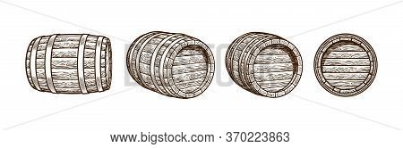 Vintage Set Of Old Wooden Barrels In Different Positions. Hand Drawn Engraving Style Vector Illustra