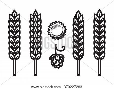 Beer Bottle Cap, Hop Cone And Ears Of Wheat, Barley Or Rye Icons. Design Elements For Beer Prodactio