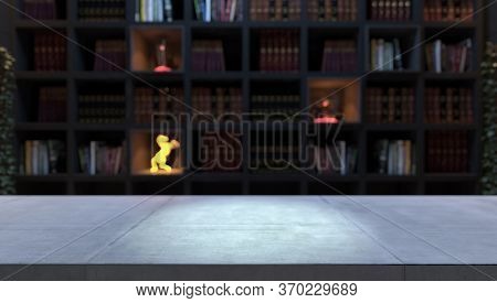 Empty Concrete Desk Front Of Black Bookshelf With Modern And Classic Books From Library Deep Of Fiel