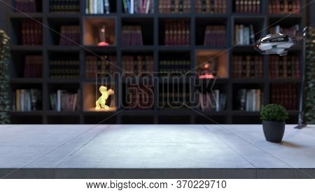 Concrete Desk, Plant And Table Lamp Front Of Black Bookshelf With Modern And Classic Books From Libr