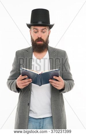 Reading Dramatic Scenario. Bearded Man Read Book Isolated On White. Poetry Reading. Inspirational Bo