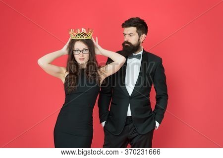 Feeling Big Every Day. Beautiful Female Boss Wear Crown. Beauty Queen. Couple In Love In Formalwear.