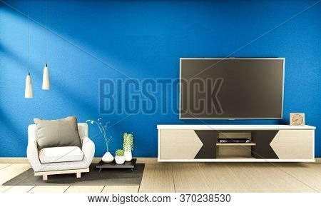 Cabinet Mock Up Japanese Interior Of Blue Dark Living Room. 3D Rendering