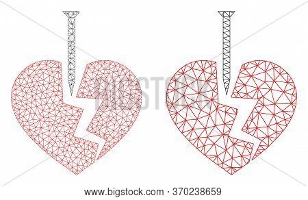 Triangular Vector Break Valentine Heart Icon. Mesh Carcass Break Valentine Heart Image In Low Poly S
