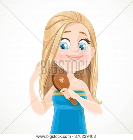 Cute Blond Girl In Blue Sauna Towel Combing Wet Hair With A Hair Brush Isolated On White Background