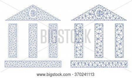 Mesh Vector Euro Bank Building Icon. Mesh Wireframe Euro Bank Building Image In Lowpoly Style With C