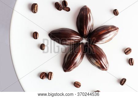 Handcrafted Dark Chocolate, On White Background With Coffee Beans. Top View Of Single Origin Coffee 
