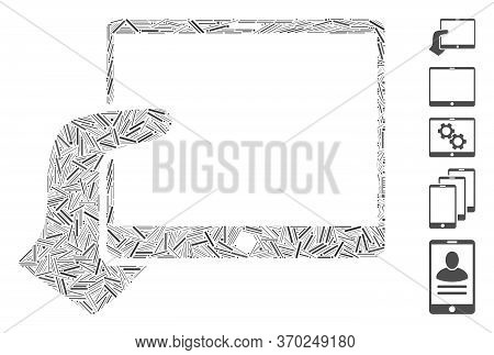 Dash Mosaic Based On Hand Holds Tablet Icon. Mosaic Vector Hand Holds Tablet Is Designed With Random