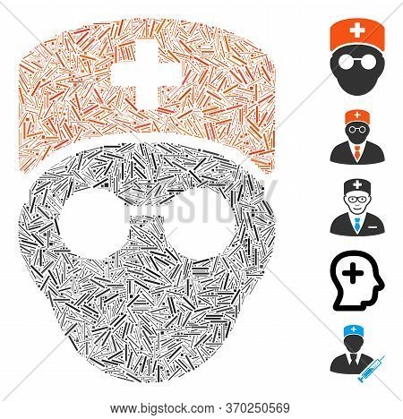 Line Mosaic Based On Medic Head Icon. Mosaic Vector Medic Head Is Composed With Scattered Line Spots