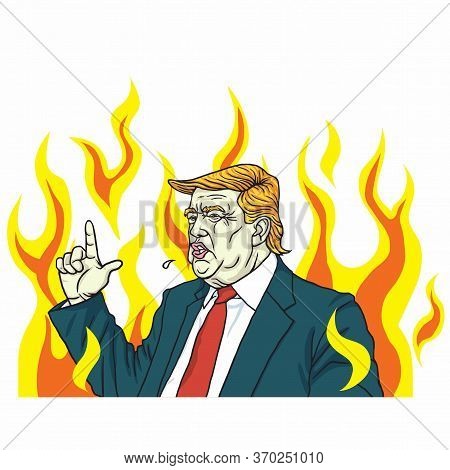 Donald Trump Angry Shouting With Fire Flame Burning Background. Vector Cartoon Illustration. Washing